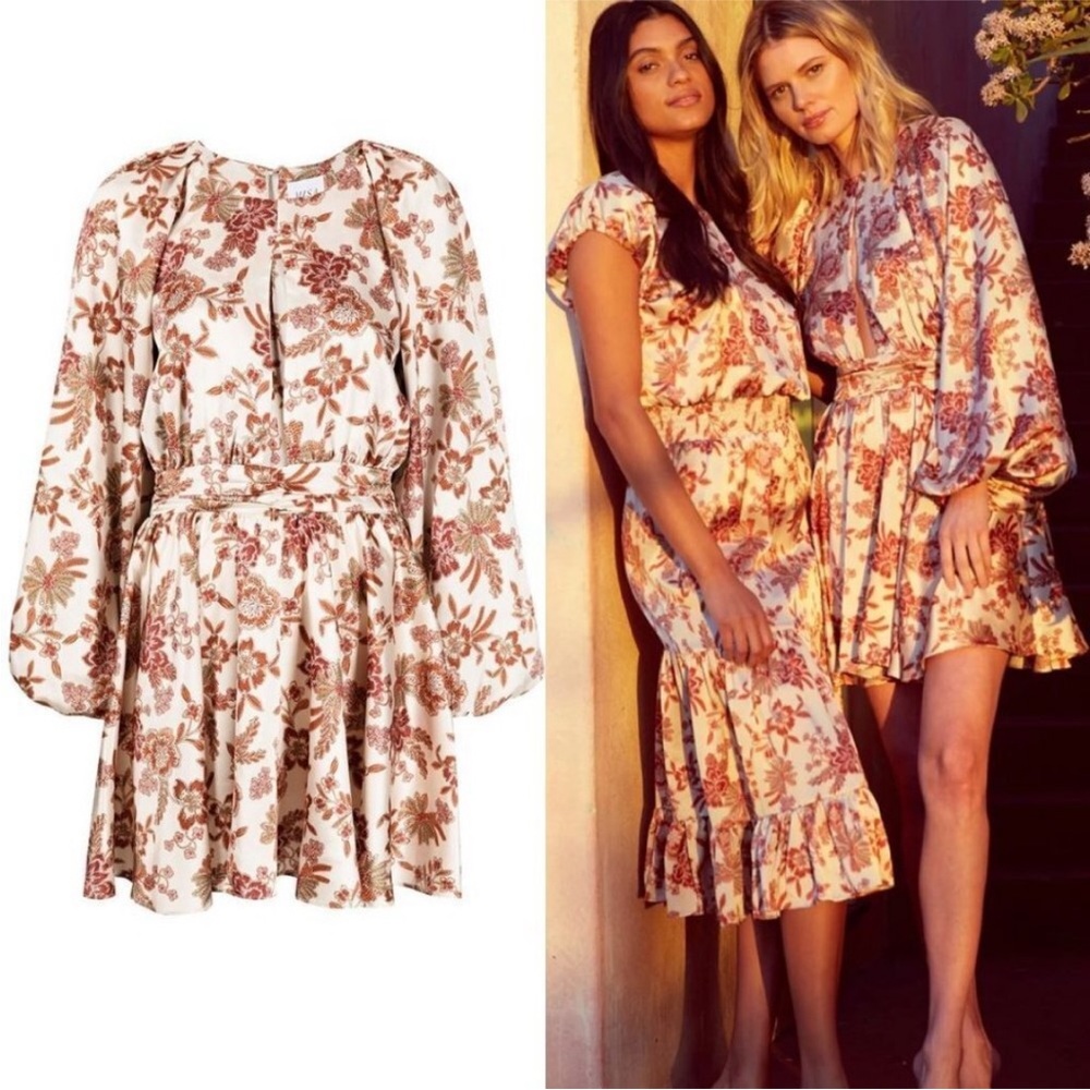 MISA Los Angeles Kara Mini Dress Falling Flora Flower Satin Balloon Sleeve - Picture 2 of 13